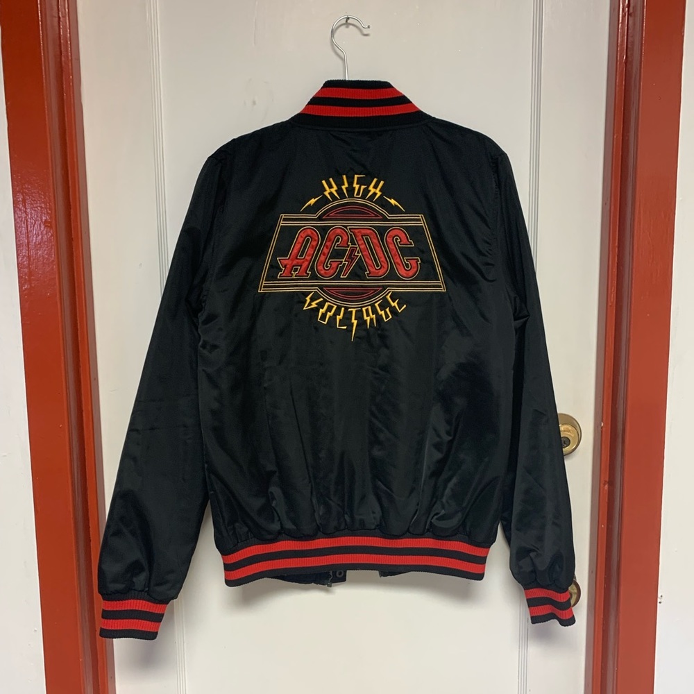 AC/DC High Voltage Black Satin Bomber Jacket with Red Trim
